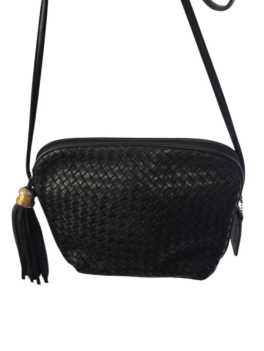 Vintage 90s Jacqueline Ferrar Black Leather Woven Crossbody Purse Classic